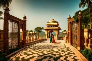 a couple standing in front of an ornate gate. AI-Generated photo