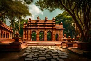 a beautiful red temple in the middle of a park. AI-Generated photo