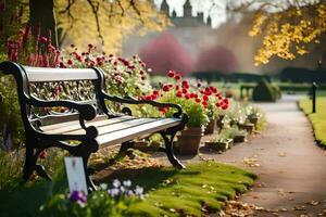 a park bench in front of a garden with flowers. AI-Generated photo