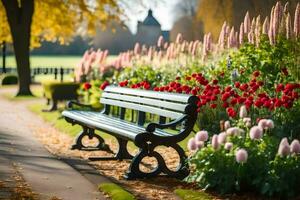 a park bench is surrounded by flowers. AI-Generated photo