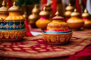 a table with colorful pots and vases on it. AI-Generated photo