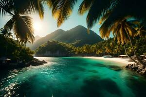 un tropical playa con palma arboles y un montaña en el antecedentes. generado por ai foto