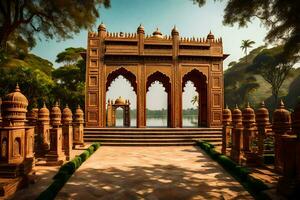 an ornate archway in front of a lake. AI-Generated photo