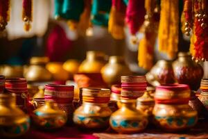 golden vases and colorful tassels on display. AI-Generated photo