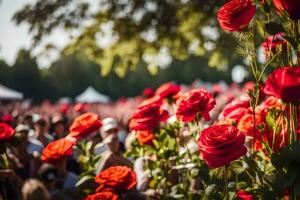 rojo rosas son en el primer plano de un multitud. generado por ai foto