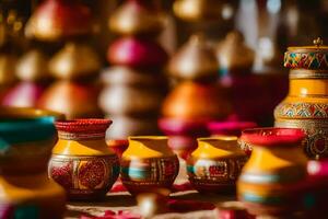 colorful vases and pots on display in a room. AI-Generated photo