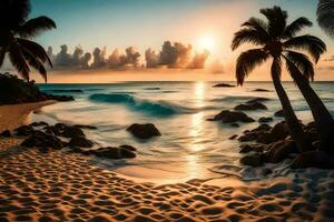 the sun sets on the beach in the caribbean. AI-Generated photo