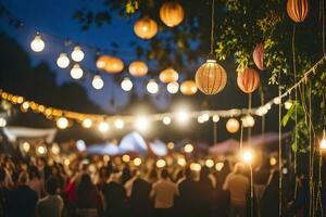 a crowd of people at an outdoor event with hanging lanterns. AI-Generated photo