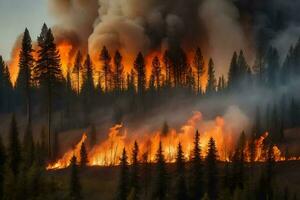 un bosque fuego es ardiente en el medio de un bosque. generado por ai foto