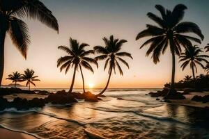 el Dom conjuntos terminado el Oceano y palma arboles en un playa. generado por ai foto