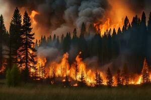 a forest fire is burning in the middle of a forest. AI-Generated photo