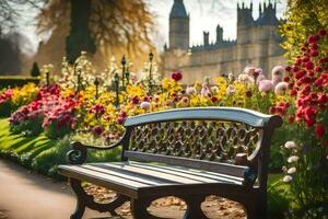 a bench in the garden of westminster abbey. AI-Generated photo