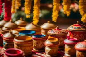 colorful pots and bowls on display at a wedding. AI-Generated photo