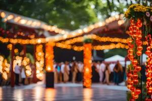 a wedding reception with lights and decorations. AI-Generated photo