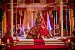 un hermosa novia en rojo y oro a su boda. generado por ai foto