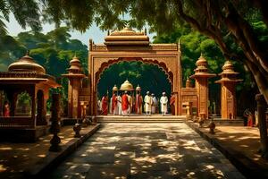 a group of people standing in front of an indian temple. AI-Generated photo