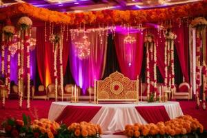 an indian wedding ceremony with red and orange decorations. AI-Generated photo