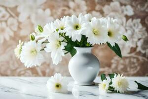 blanco flores en un florero en un mesa. generado por ai foto