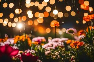 flowers in the rain with lights in the background. AI-Generated photo