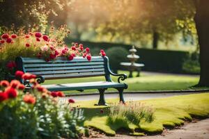 un parque banco con flores en el primer plano. generado por ai foto