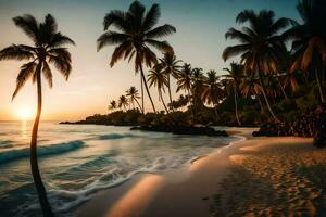 el Dom conjuntos en un tropical playa con palma arboles generado por ai foto