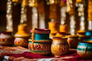 colorful pots and vases on a table with gold and red decorations. AI-Generated photo