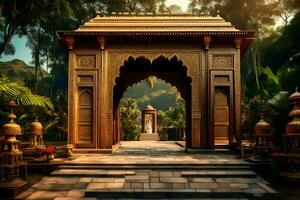 an ornate entrance to a temple in the jungle. AI-Generated photo