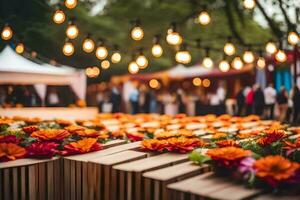 flowers and lights in a tent at a wedding. AI-Generated photo