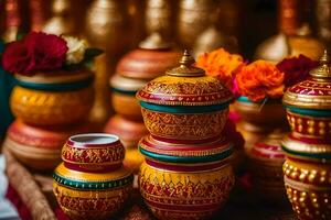 golden vases with colorful designs on them. AI-Generated photo