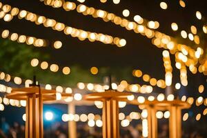 un mesa con velas y luces en el antecedentes. generado por ai foto