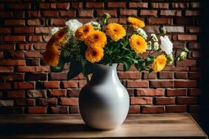 un florero de flores en un mesa en frente de un ladrillo pared. generado por ai foto