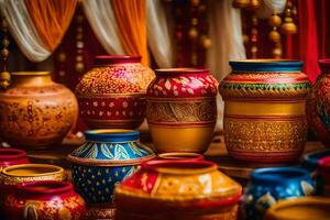 colorful pots and vases are displayed on a table. AI-Generated photo