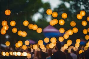 a crowd of people at an outdoor event with lights. AI-Generated photo