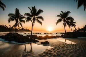 the sun sets on the beach in front of palm trees. AI-Generated photo