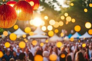 many people are gathered at an outdoor event with red lanterns. AI-Generated photo