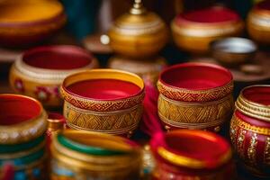 many colorful pots and bowls are on display. AI-Generated photo