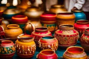colorful pots and vases are displayed on a table. AI-Generated photo
