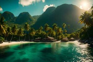 a tropical beach with palm trees and mountains. AI-Generated photo