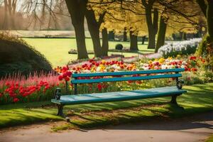 a bench in a park with colorful flowers. AI-Generated photo