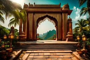 an ornate archway in the middle of a tropical setting. AI-Generated photo