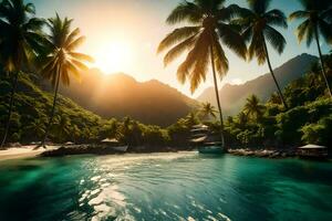 the sun shines over palm trees on a tropical island. AI-Generated photo