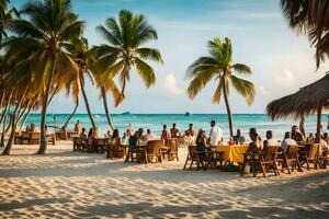 personas sentado a mesas en el playa con palma arboles generado por ai foto
