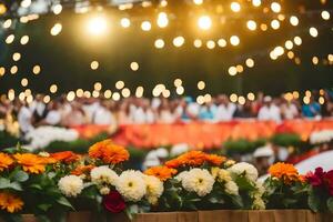 flores son arreglado en un mesa en frente de un multitud. generado por ai foto