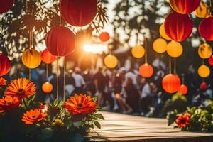 red and orange lanterns hanging from trees. AI-Generated photo