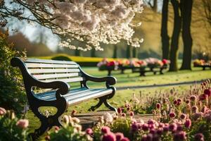 a park bench is surrounded by flowers. AI-Generated photo