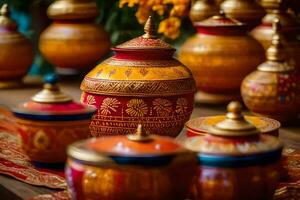 many colorful pots and vases are on a table. AI-Generated photo