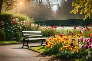 a bench is in a park surrounded by flowers. AI-Generated photo