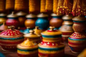 colorful vases are displayed in a shop. AI-Generated photo