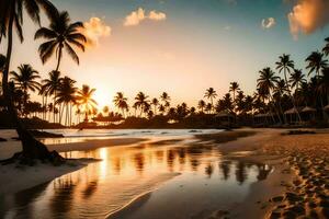 the sun sets on a beach with palm trees and water. AI-Generated photo