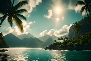 photo wallpaper the sky, mountains, water, palm trees, sun, mountains, water, beach. AI-Generated